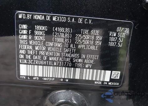 2020 Honda Hr-V Awd Sport from USA, damaged, VIN 3CZRU6H1XLM731770